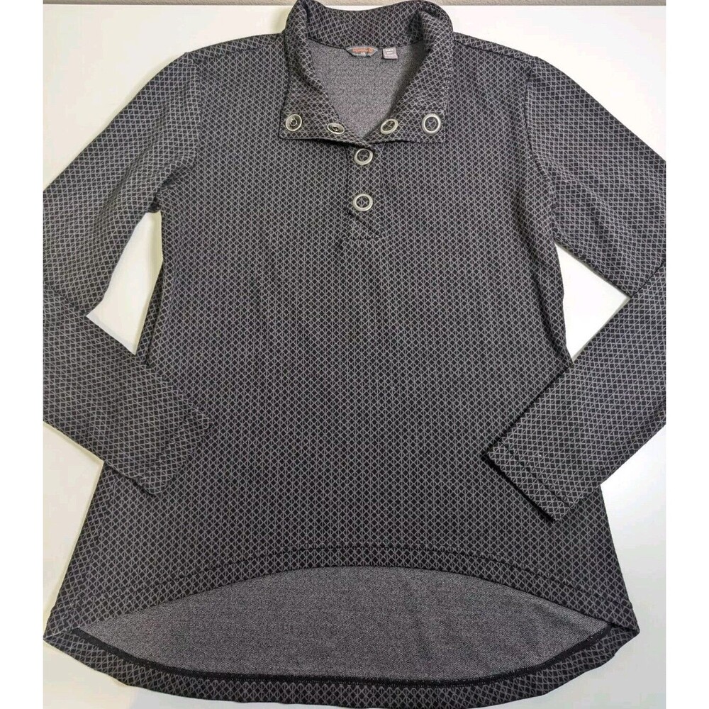 Merrell Women Large Grey Black Long Sleeve Snap Henley Top Mock Neck Long Sleeve